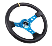 NRG NRG Reinforced Steering Wheel (350mm / 3in. Deep) Blk Leather w/Blue Cutout Spoke & Single Yellow CM