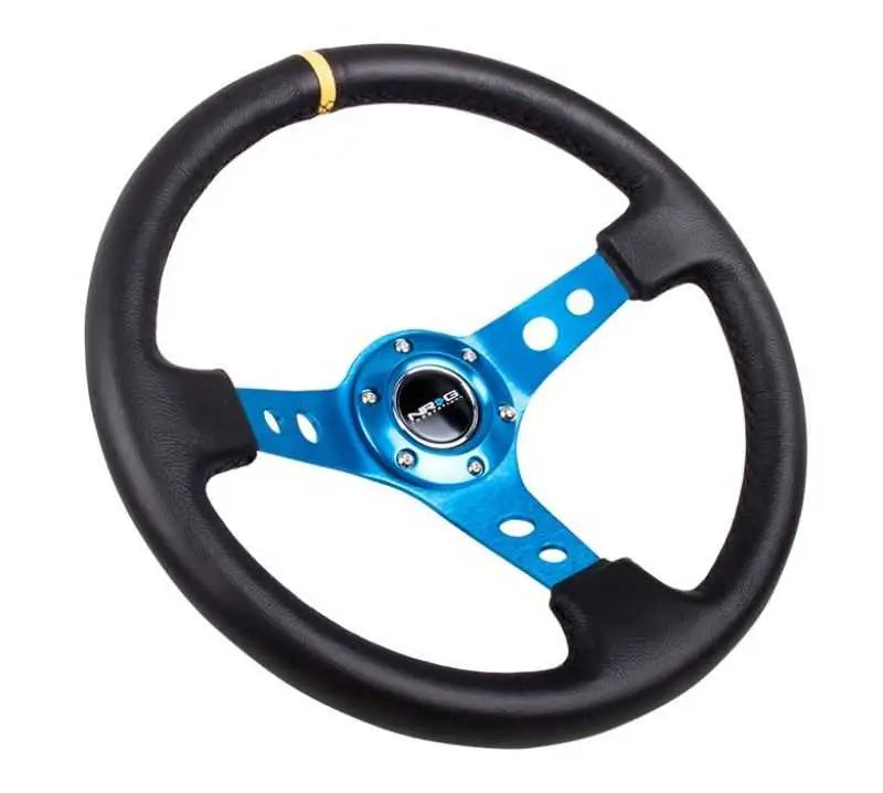NRG NRG Reinforced Steering Wheel (350mm / 3in. Deep) Blk Leather w/Blue Cutout Spoke & Single Yellow CM
