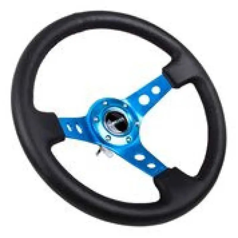 NRG NRG Reinforced Steering Wheel (350mm / 3in. Deep) Blk Leather w/Blue Circle Cutout Spokes