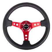 NRG NRG Reinforced Steering Wheel (350mm / 3in. Deep) Blk Leather w/Red Circle Cutout Spokes