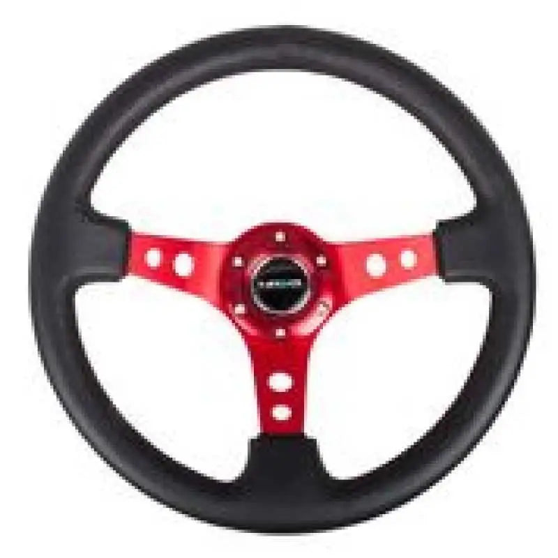 NRG NRG Reinforced Steering Wheel (350mm / 3in. Deep) Blk Leather w/Red Circle Cutout Spokes
