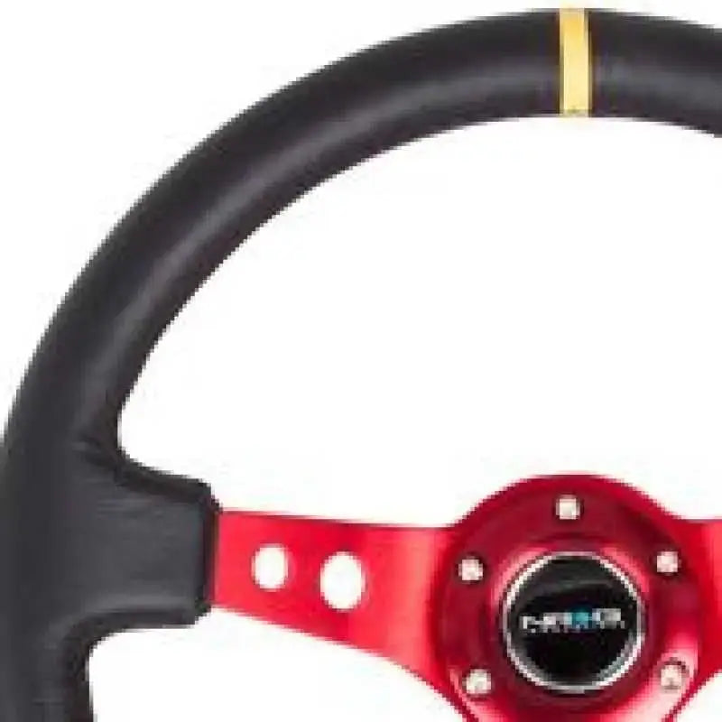 NRG NRG Reinforced Steering Wheel (350mm / 3in. Deep) Blk Leather w/Red Spokes & Sgl Yellow Center Mark