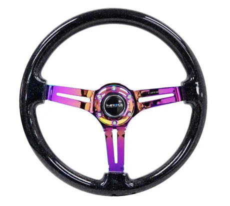 NRG NRG Reinforced Steering Wheel (350mm / 3in. Deep) Blk Multi Color Flake w/ Neochrome Center Mark