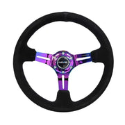 NRG NRG Reinforced Steering Wheel (350mm / 3in. Deep) Blk Suede/Blk Stitch w/Neochrome Slits