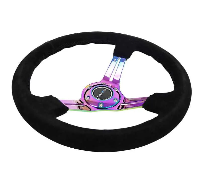 NRG Reinforced Steering Wheel (350mm / 3in. Deep) Blk Suede/Blk Stitch w/Neochrome Slits 