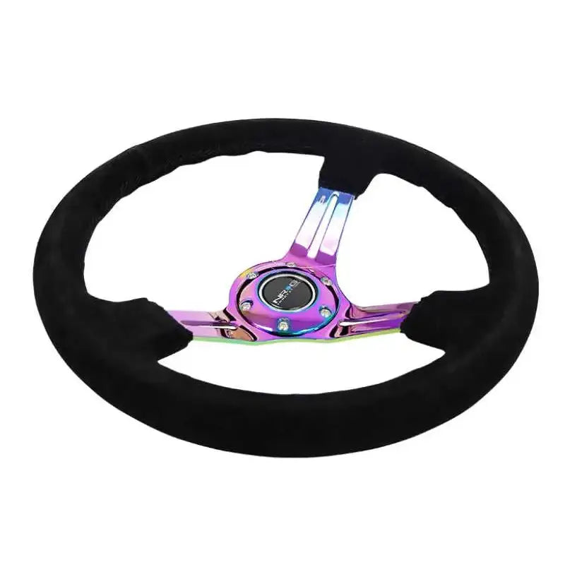 NRG Reinforced Steering Wheel (350mm / 3in. Deep) Blk Suede/Blk Stitch w/Neochrome Slits 