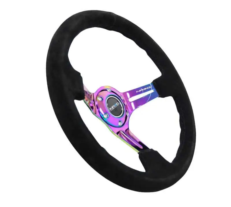 NRG Reinforced Steering Wheel (350mm / 3in. Deep) Blk Suede/Blk Stitch w/Neochrome Slits 