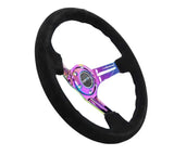 NRG Reinforced Steering Wheel (350mm / 3in. Deep) Blk Suede/Blk Stitch w/Neochrome Slits 