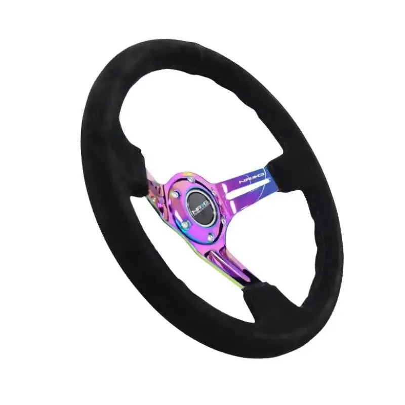 NRG Reinforced Steering Wheel (350mm / 3in. Deep) Blk Suede/Blk Stitch w/Neochrome Slits 