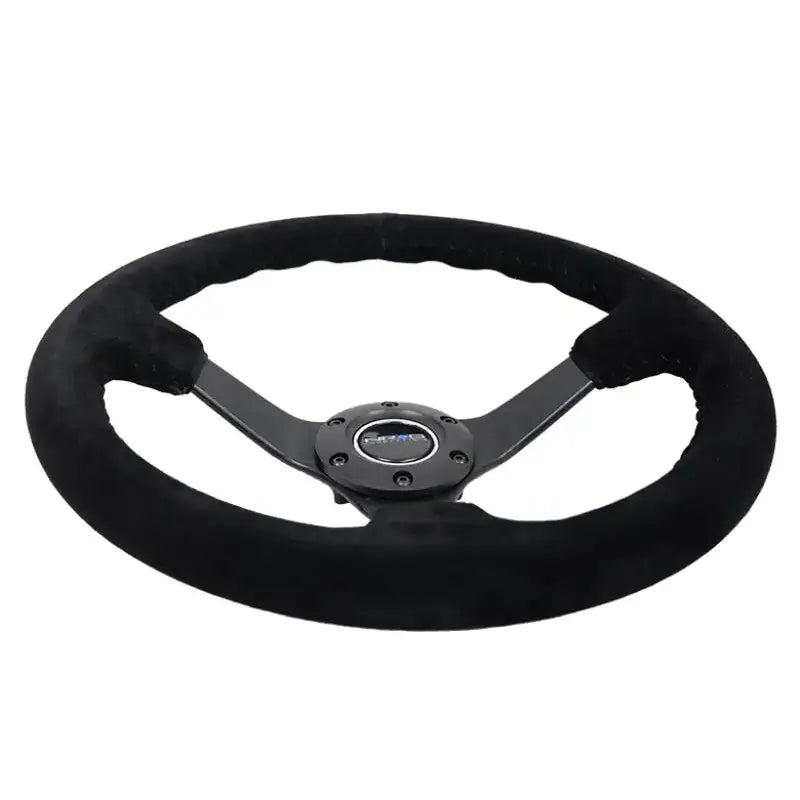NRG Reinforced Steering Wheel (350mm / 3in. Deep) Blk Suede/Blk Bball Stitch w/5mm Matte Black Spoke - Truck &