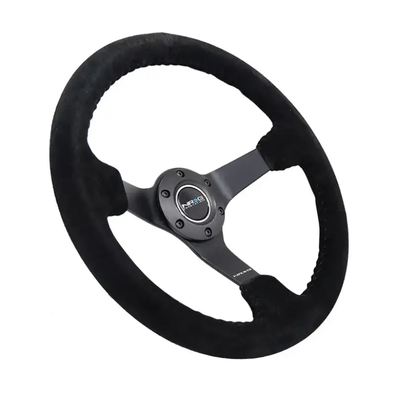 NRG Reinforced Steering Wheel (350mm / 3in. Deep) Blk Suede/Blk Bball Stitch w/5mm Matte Black Spoke - Truck &