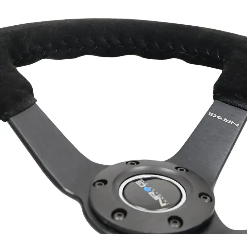 NRG Reinforced Steering Wheel (350mm / 3in. Deep) Blk Suede/Blk Bball Stitch w/5mm Matte Black Spoke - Truck &