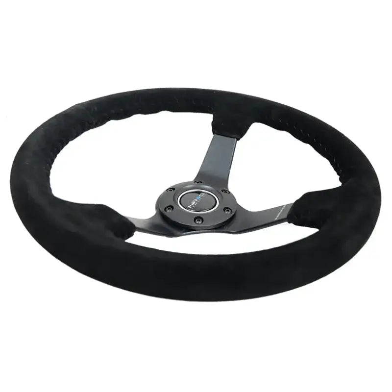 NRG Reinforced Steering Wheel (350mm / 3in. Deep) Blk Suede/Blk Bball Stitch w/5mm Matte Black Spoke - Truck &