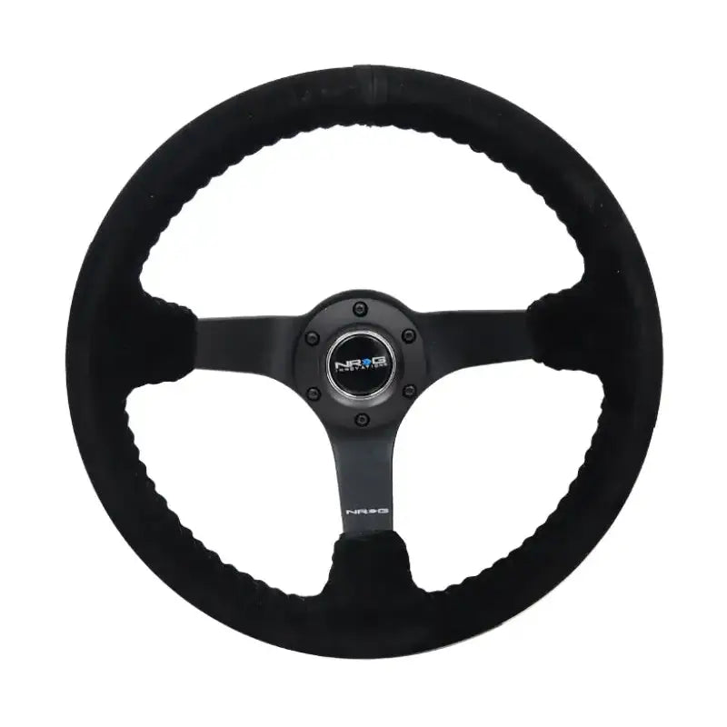 NRG Reinforced Steering Wheel (350mm / 3in. Deep) Blk Suede/Blk Bball Stitch w/5mm Matte Black Spoke - Truck &