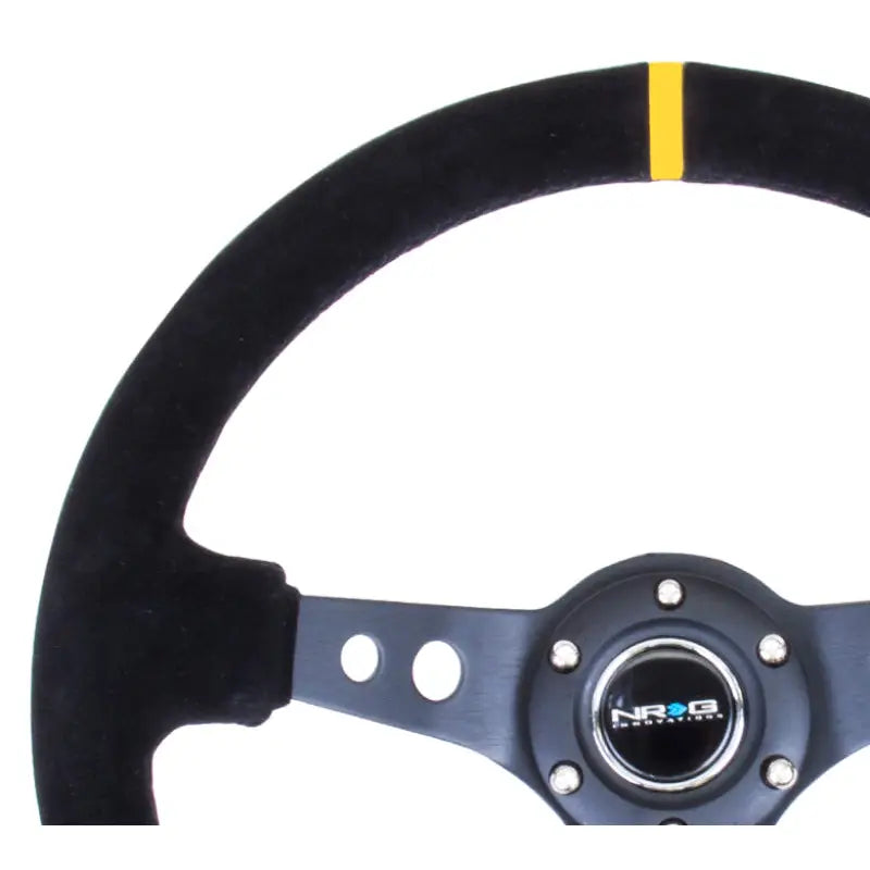 NRG RST-006S-Y NRG Reinforced Steering Wheel (350mm / 3in. Deep) Blk Suede w/Circle Cut Spokes & Single Yellow CM