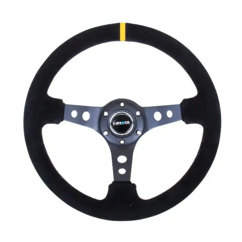 NRG Reinforced Steering Wheel (350mm / 3in. Deep) Blk Suede w/Circle Cut Spokes & Single Yellow CM - Truck Automotive