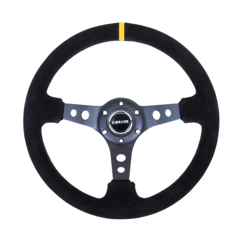 NRG RST-006S-Y NRG Reinforced Steering Wheel (350mm / 3in. Deep) Blk Suede w/Circle Cut Spokes & Single Yellow CM