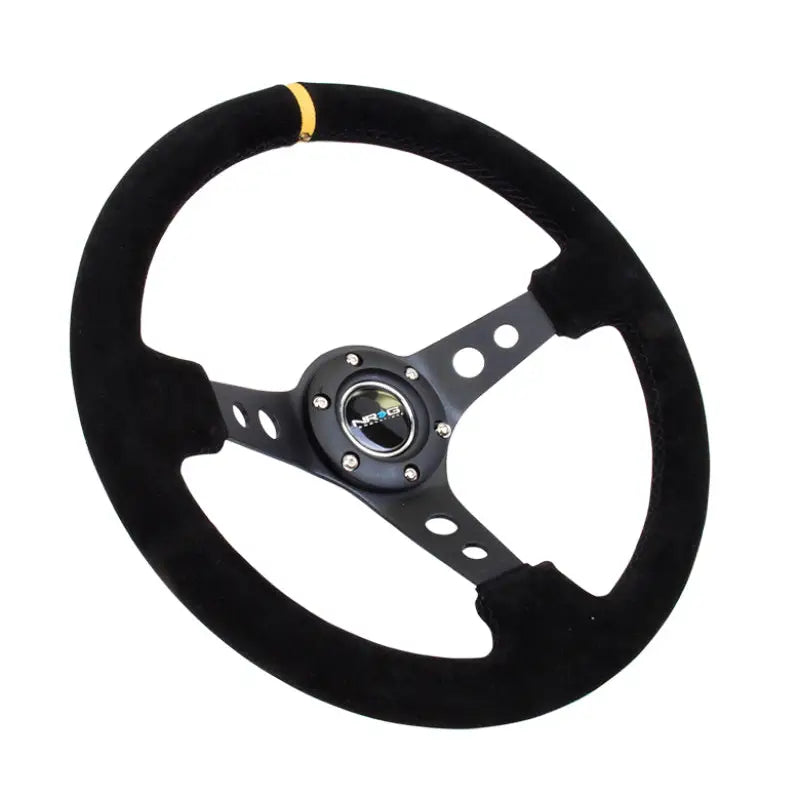 NRG RST-006S-Y NRG Reinforced Steering Wheel (350mm / 3in. Deep) Blk Suede w/Circle Cut Spokes & Single Yellow CM