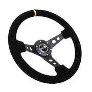 NRG Reinforced Steering Wheel (350mm / 3in. Deep) Blk Suede w/Circle Cut Spokes & Single Yellow CM - Truck Automotive