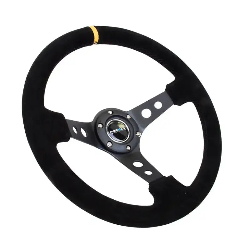 NRG Reinforced Steering Wheel (350mm / 3in. Deep) Blk Suede w/Circle Cut Spokes & Single Yellow CM - Truck Automotive