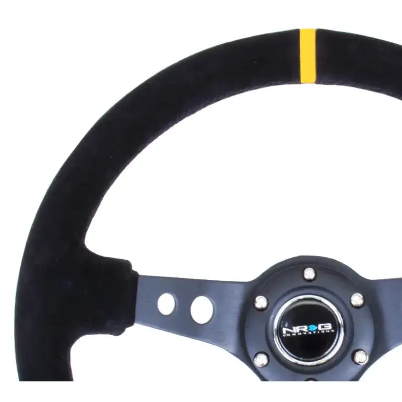 NRG Reinforced Steering Wheel (350mm / 3in. Deep) Blk Suede w/Circle Cut Spokes & Single Yellow CM - Truck Automotive