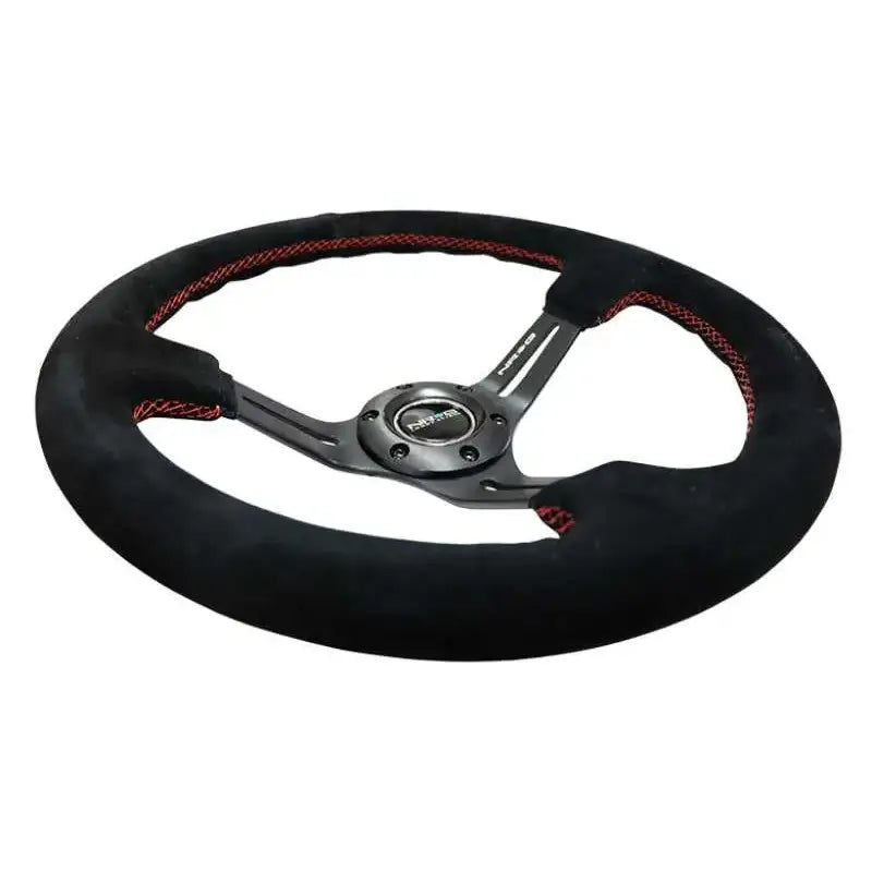NRG Reinforced Steering Wheel (350mm / 3in. Deep) Blk Suede w/Red Stitching & 5mm Spokes w/Slits 