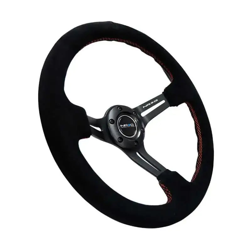 NRG Reinforced Steering Wheel (350mm / 3in. Deep) Blk Suede w/Red Stitching & 5mm Spokes w/Slits 