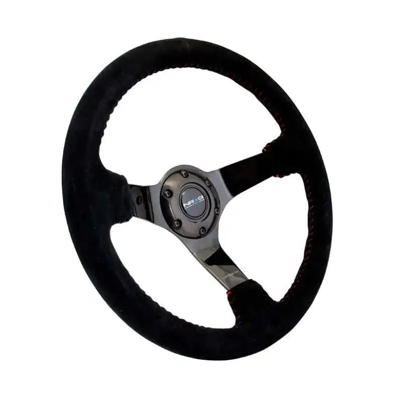 NRG Reinforced Steering Wheel (350mm / 3in. Deep) Blk Suede w/Red BBall Stitch & Black 3-Spoke 