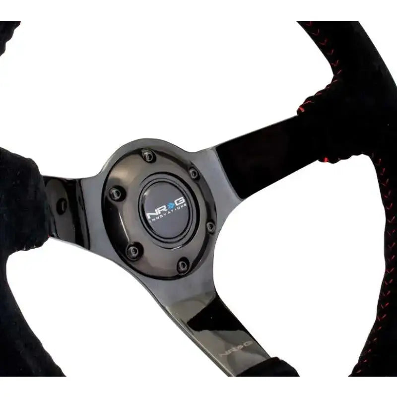 NRG Reinforced Steering Wheel (350mm / 3in. Deep) Blk Suede w/Red BBall Stitch & Black 3-Spoke 
