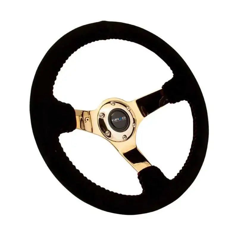 NRG Reinforced Steering Wheel (350mm / 3in. Deep) Blk Suede w/Red BBall Stitch & Chrome Gold 3-Spoke 
