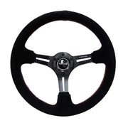 NRG NRG Reinforced Steering Wheel (350mm / 3in. Deep) Blk Suede w/Red Stitching & 5mm Spokes w/Slits
