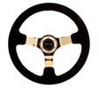 NRG NRG Reinforced Steering Wheel (350mm / 3in. Deep) Blk Suede w/Red BBall Stitch & Chrome Gold 3-Spoke