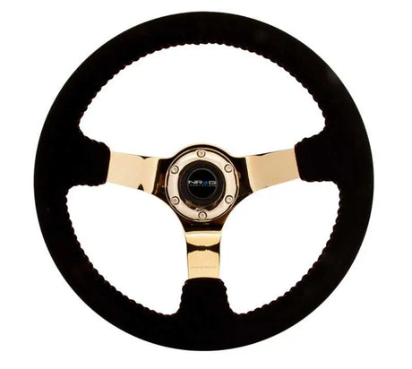 NRG NRG Reinforced Steering Wheel (350mm / 3in. Deep) Blk Suede w/Red BBall Stitch & Chrome Gold 3-Spoke