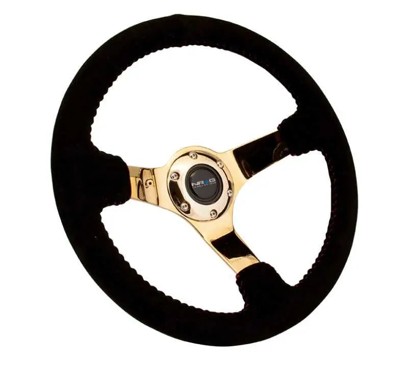 NRG Reinforced Steering Wheel (350mm / 3in. Deep) Blk Suede w/Red BBall Stitch & Chrome Gold 3-Spoke 