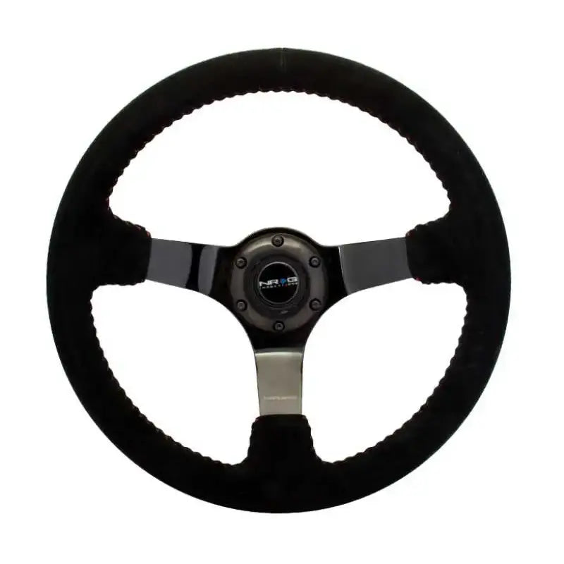 NRG NRG Reinforced Steering Wheel (350mm / 3in. Deep) Blk Suede w/Red BBall Stitch & Black 3-Spoke