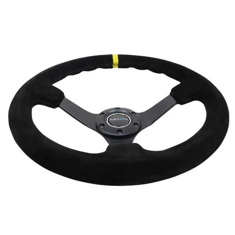 NRG Reinforced Steering Wheel (350mm / 3in. Deep) Blk Suede/X-Stitch w/5mm Blk Spoke & Yellow CM 
