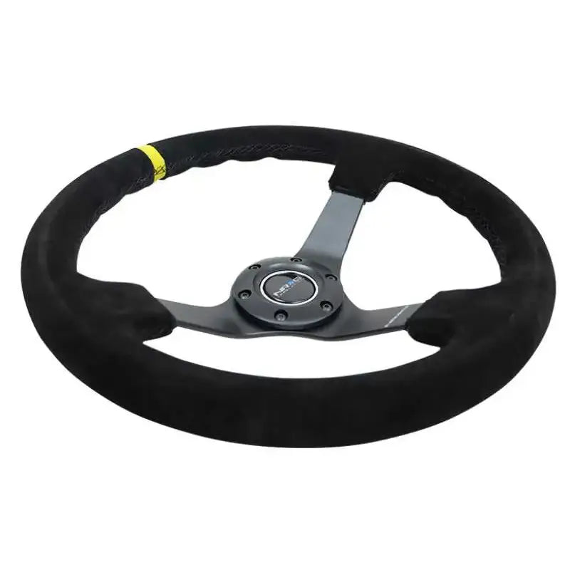 NRG Reinforced Steering Wheel (350mm / 3in. Deep) Blk Suede/X-Stitch w/5mm Blk Spoke & Yellow CM 