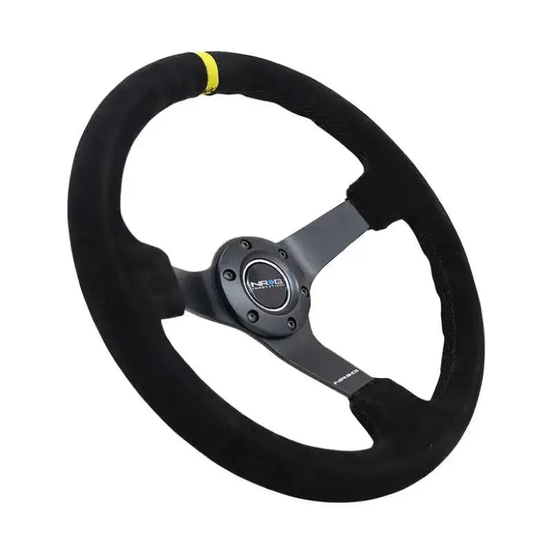 NRG Reinforced Steering Wheel (350mm / 3in. Deep) Blk Suede/X-Stitch w/5mm Blk Spoke & Yellow CM 