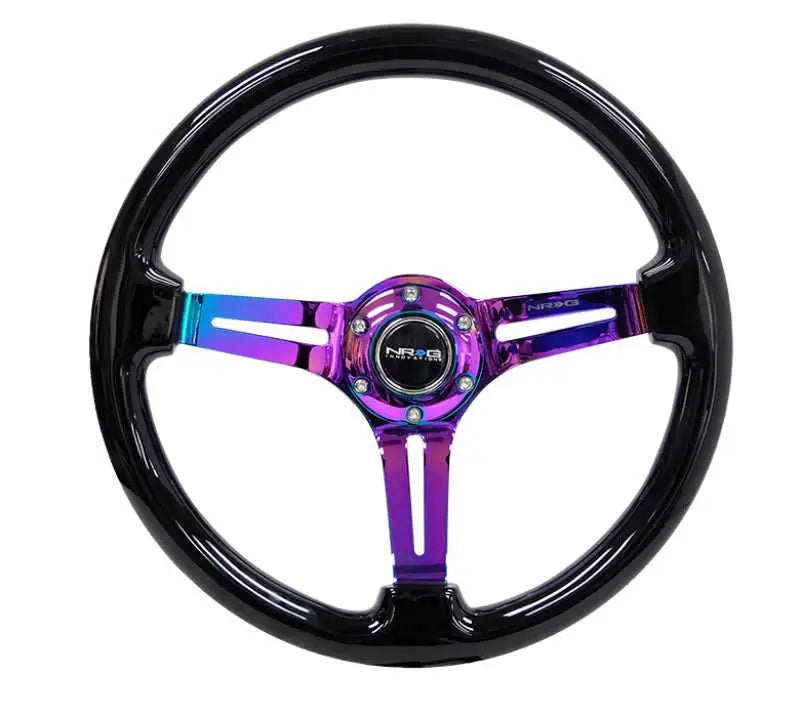 NRG NRG Reinforced Steering Wheel (350mm / 3in. Deep) Blk Wood w/Blk Matte Spoke/Neochrome Center Mark