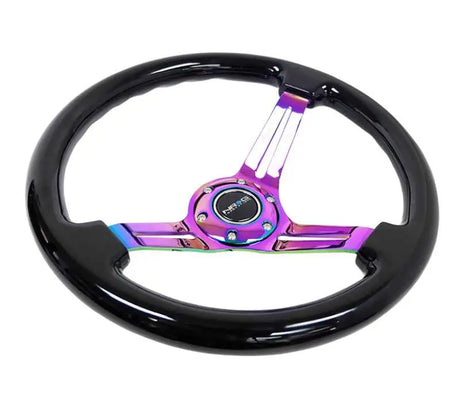 NRG Reinforced Steering Wheel (350mm / 3in. Deep) Blk Wood w/Blk Matte Spoke/Neochrome Center Mark 