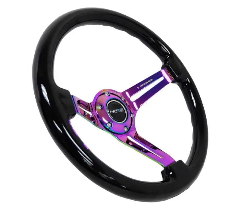NRG Reinforced Steering Wheel (350mm / 3in. Deep) Blk Wood w/Blk Matte Spoke/Neochrome Center Mark 