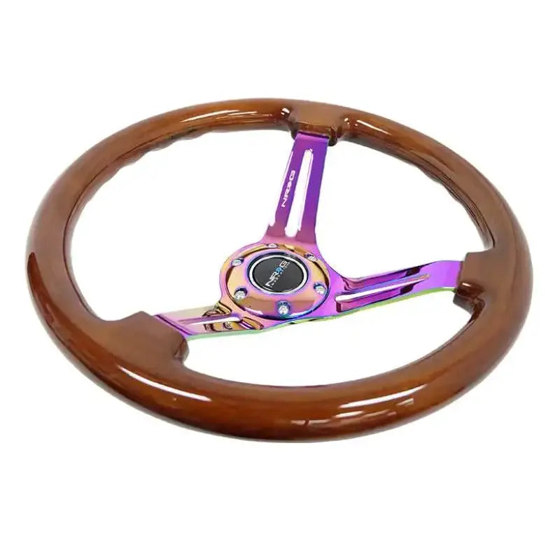 NRG Reinforced Steering Wheel (350mm / 3in. Deep) Brown Wood w/Blk Matte Spoke/Neochrome Center Mark 