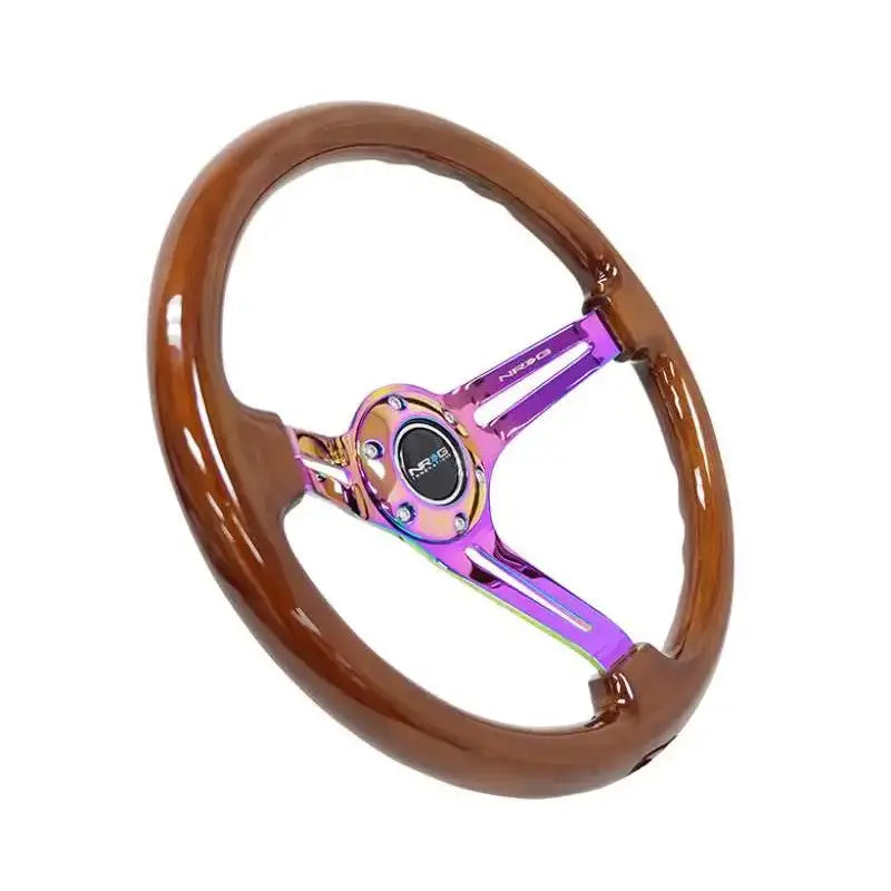 NRG Reinforced Steering Wheel (350mm / 3in. Deep) Brown Wood w/Blk Matte Spoke/Neochrome Center Mark 