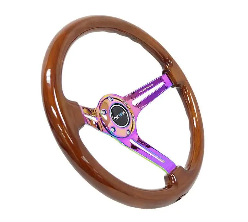 NRG Reinforced Steering Wheel (350mm / 3in. Deep) Brown Wood w/Blk Matte Spoke/Neochrome Center Mark 