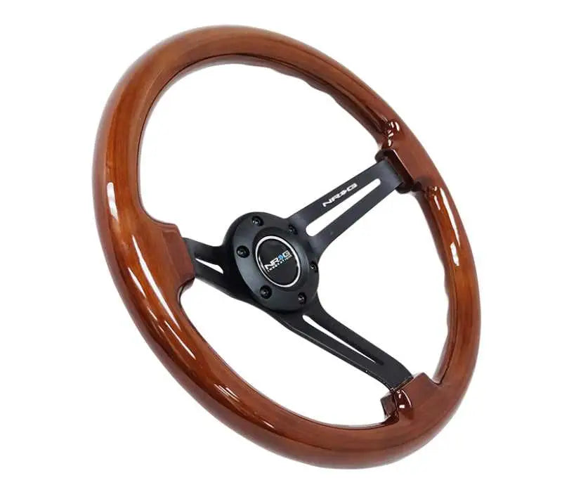NRG Reinforced Steering Wheel (350mm / 3in. Deep) Brown Wood w/Blk Matte Spoke/Black Center Mark 
