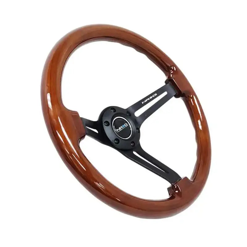 NRG Reinforced Steering Wheel (350mm / 3in. Deep) Brown Wood w/Blk Matte Spoke/Black Center Mark 