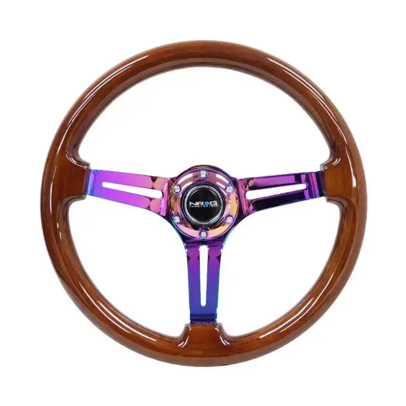 NRG NRG Reinforced Steering Wheel (350mm / 3in. Deep) Brown Wood w/Blk Matte Spoke/Neochrome Center Mark