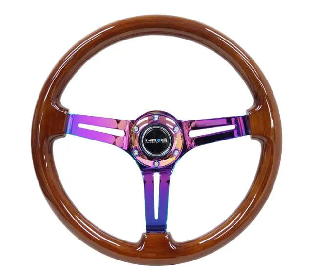NRG NRG Reinforced Steering Wheel (350mm / 3in. Deep) Brown Wood w/Blk Matte Spoke/Neochrome Center Mark