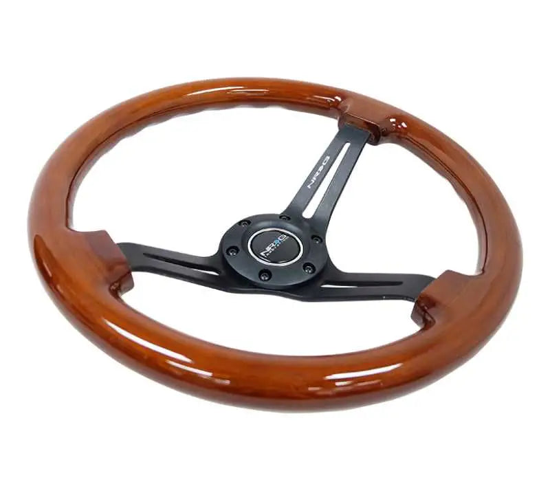 NRG Reinforced Steering Wheel (350mm / 3in. Deep) Brown Wood w/Blk Matte Spoke/Black Center Mark 