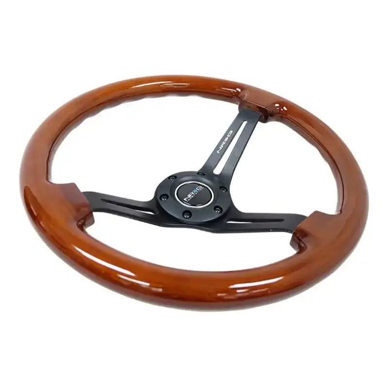 NRG Reinforced Steering Wheel (350mm / 3in. Deep) Brown Wood w/Blk Matte Spoke/Black Center Mark 